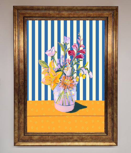 Flower Vase Blue Stripes Framed Wall Art